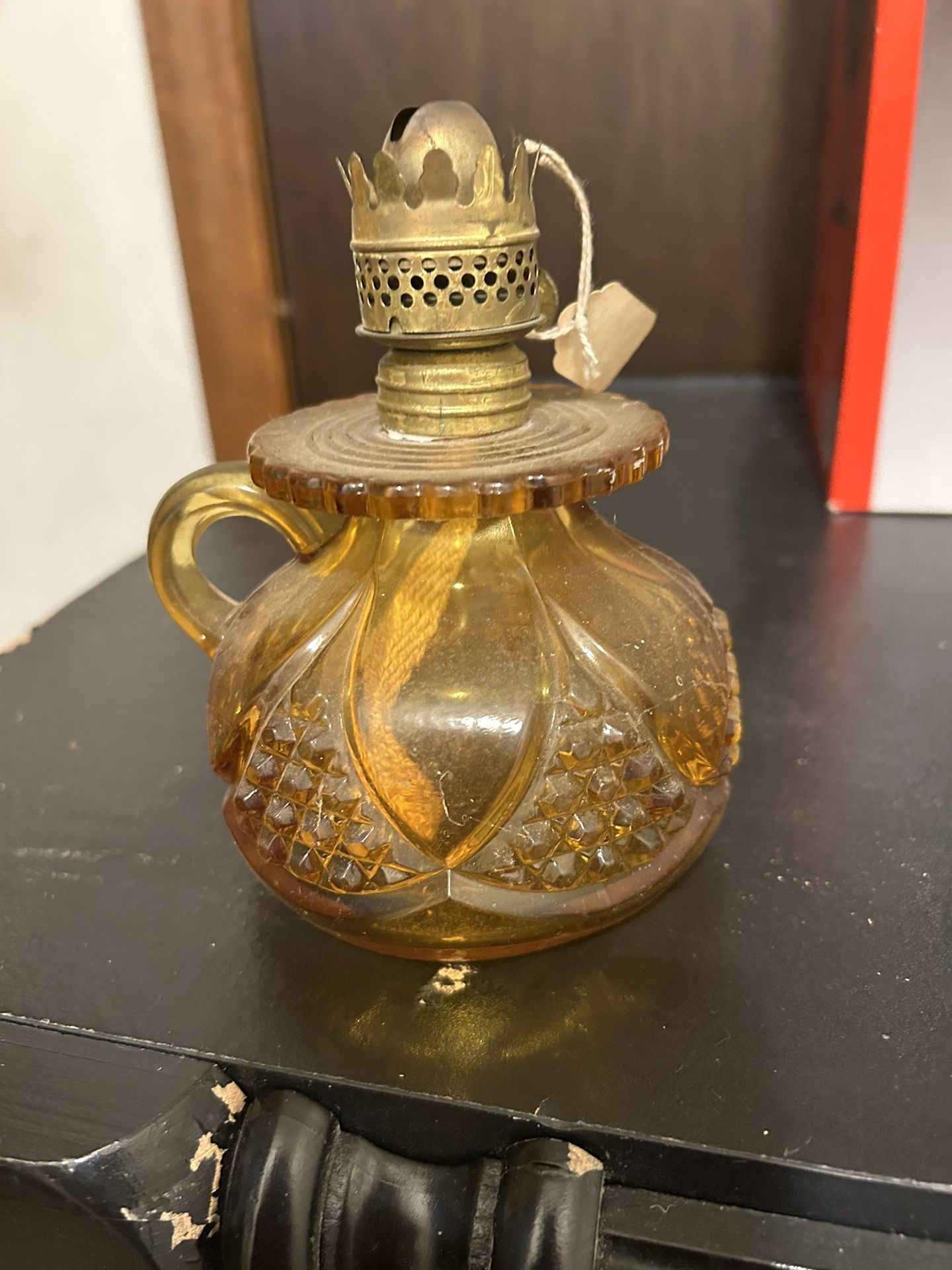 Vintage Miniture Amber Pressed Glass Oil Lamp with Handle~ Abco Nutmeg