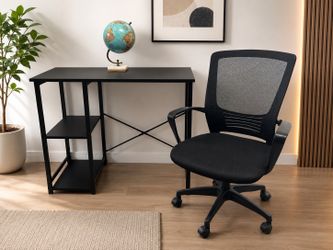 Black Computer Desk & Mesh Office Chair Set w/ Globe Decor Modern Home Office Furniture