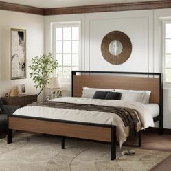 King Bed Frame w/ Wood Headboard & Metal Slats