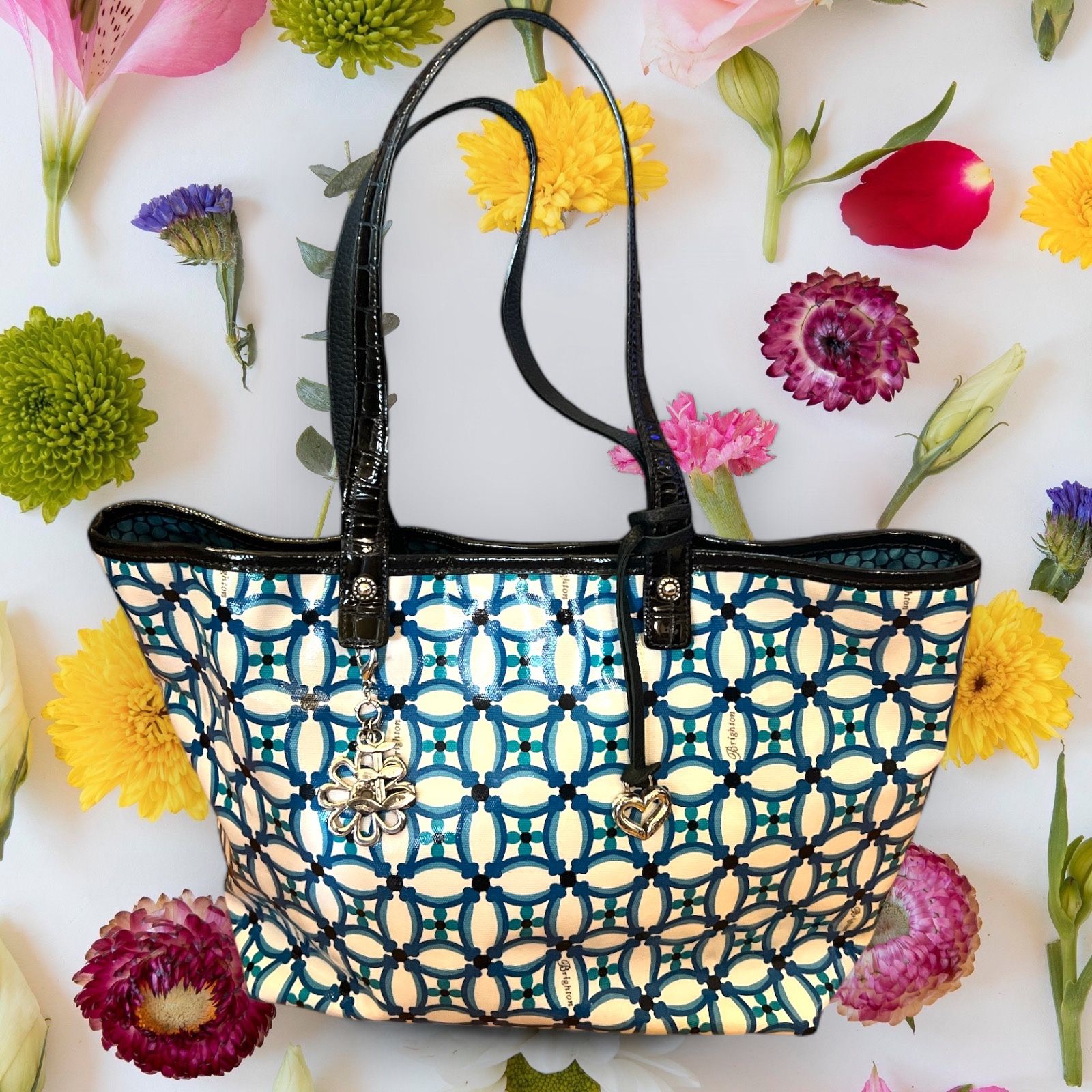 Brighton shoulder Handbag leather blue & white Floral E114994 Polkadot Interior