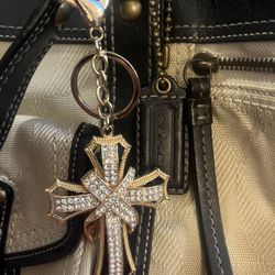 Gold Rhinestone Cross Keychain Handbag Charm Religious New In Pkg