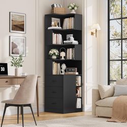 76.8” Corner Bookshelf with 3 Drawers and 3 Side Storage Cubbies, L Shaped Tall Bookshelf and Bookcase, 4 Tier Corner Bookcase, Wood Narrow Book Shelf
