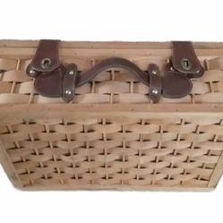 1980s Woven Wicker & Pine Wood Leather Strap Picnic Basket 12"Wx6"Dx20"L