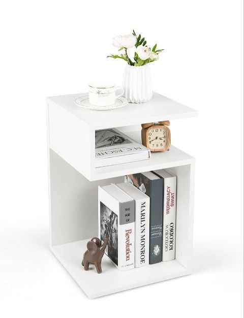 S-Shaped End Table, Sofa Side Table with 2 Open Compartments, Modern Nightstand, Accent Bedside Table for Living Room, Bedroom, Study, Small Space, Wh