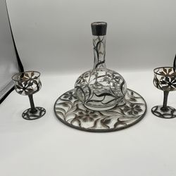 Antique Silver Overlay Filigree Art Nouveau Decanter & Glasses Set On Tray 