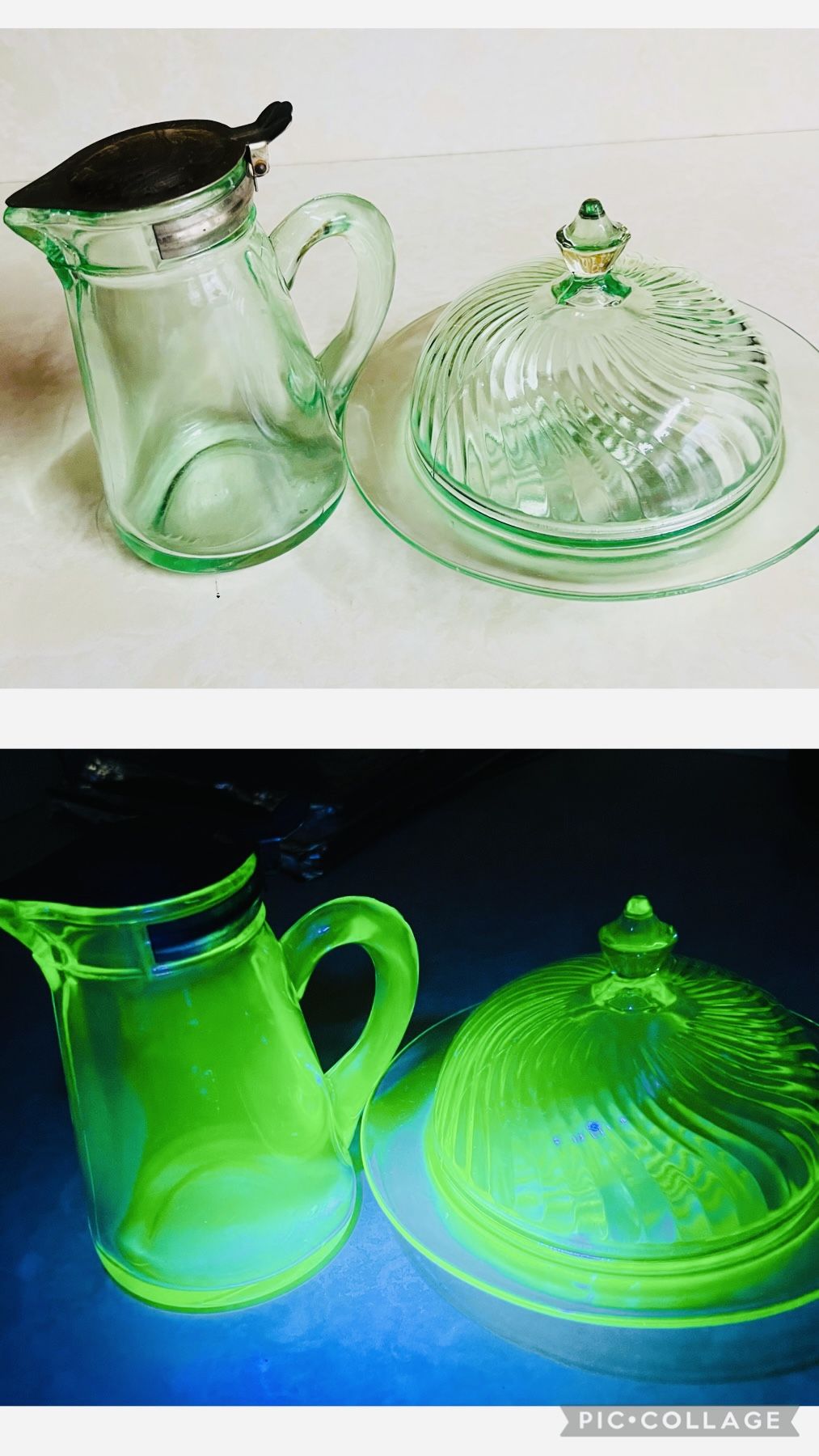 Rare 1916 Uranium Syrup Pitcher w/ Spring Lid & 1930s US Glass Green Covered Butter Dish