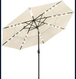 10 Feet Vented Outdoor Patio Market Umbrella with 32 LED Solar Light Bars 3-Tier Tilt System (Ivory)