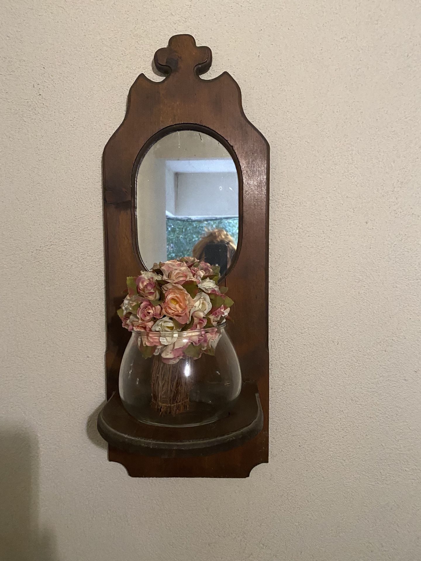 Antique Wall Plant Holder In Solid Wood With Mirror