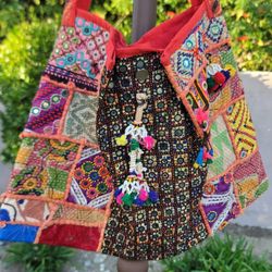 Vtg Handmade Bohemian Patchwork Mirror Work Tassel Embroidered Tote Bag 