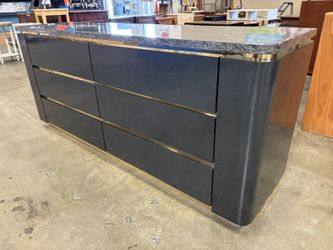 Contemporary Black Lacquered 6 Drawer Dresser with Stone Effect Top and Gold-Tone Trim