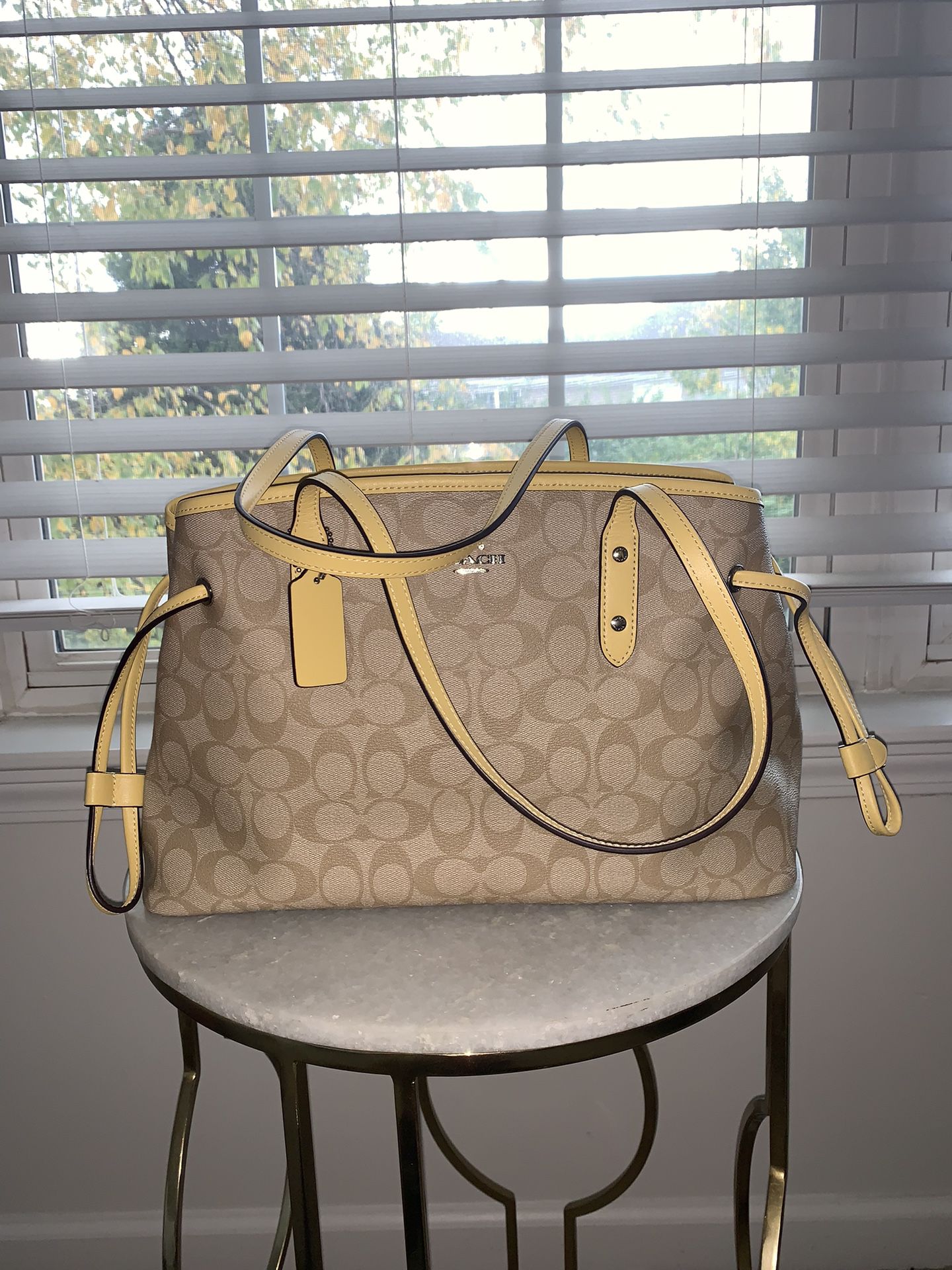Coach Drawstring Carryall Signature Canvas Tote Bag in Light Khaki / Yellow - New With Tag