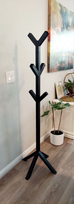 🌱6 Hooks Solid Wood Coat/Hat/Bag Rack Stand ::: 65"H X 20"W X 20"D ::: Black