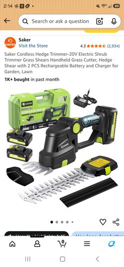 Saker Cordless Hedge Trimmer-20V Electric Shrub Trimmer Grass Shears Handheld Grass Cutter, Hedge Shear with 2 PCS Rechargeable Battery and Charger fo