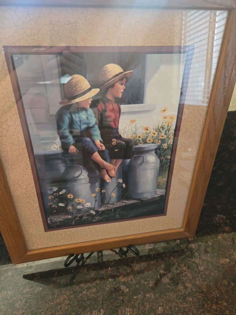 Home Interiors Framed Print – Country Farm Kids – 19.5” x 16.5” – Vintage