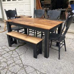Primitive 5 Ft Table With Bench & 4 Chairs