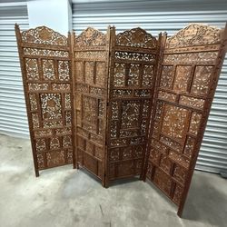 Vintage Hand Carved Wood Folding Screen Room Divider 4 Panel Indian Style