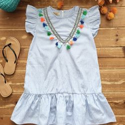 SIZE 6 GIRLS SKY BLUE & WHITE VERTICAL STRIPE DECORATED V-SHAPE RIBBON TASSEL DROP-WAIST DRESS