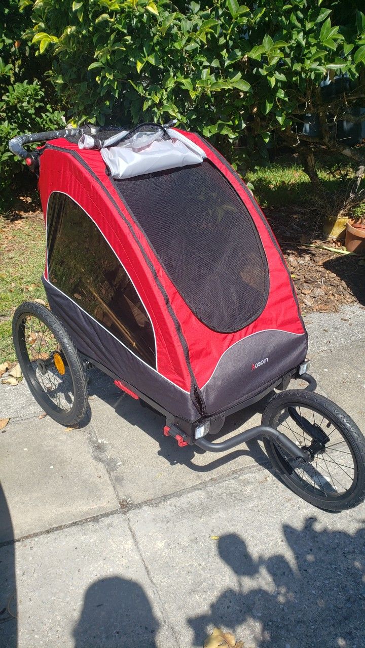 Aosom Bike Trailer for Kids 3 In1 Foldable Child Jogger Stroller Baby Stroller Transport Carrier with Shock Absorber System Rubber Tires Adjustaba