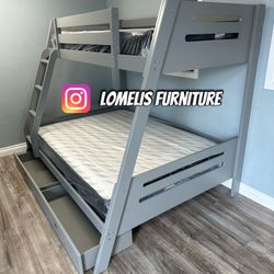 Twin/Full Gray Bunk bed w. Drawers & Ortho Mattresses Included 