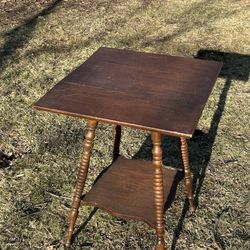 Antique Victorian Square Wood Parlor Table – Turned Spindle Legs