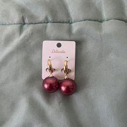 Red Pearl Dangle Earrings Gold Tone