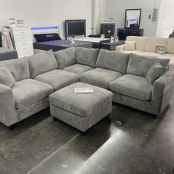 Grey Sectional With Soft Corduroy Fabric