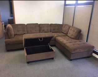 New Chocolate Brown Sectional Sofa Chenille Couch With Large Storage Ottoman 