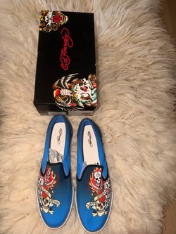 New original Ed Hardy Thorn Slip-On blue shoes Size 12 with box