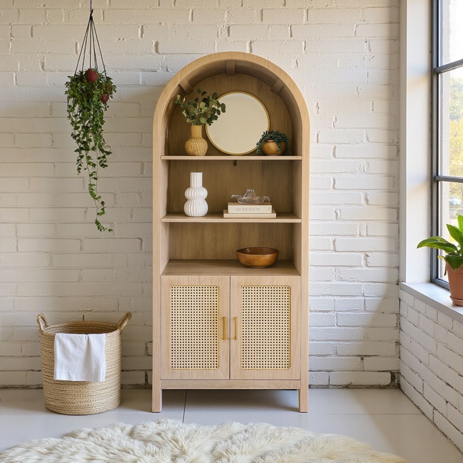 ✨Arched Boho Cane Cabinet – Brand New Modern Storage Shelf✨