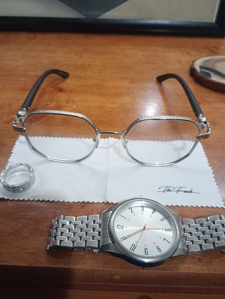 Clear UV Sunglasses+ Stainless Steel Watch+ Size 8 Ring