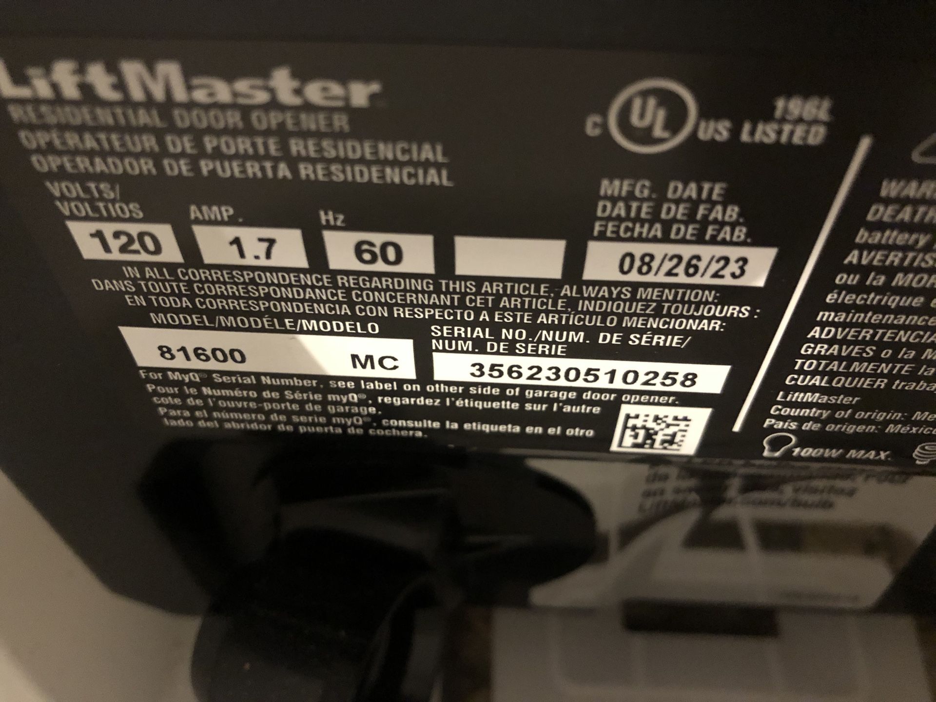 Lift master 81600 MC Garage Door Opener