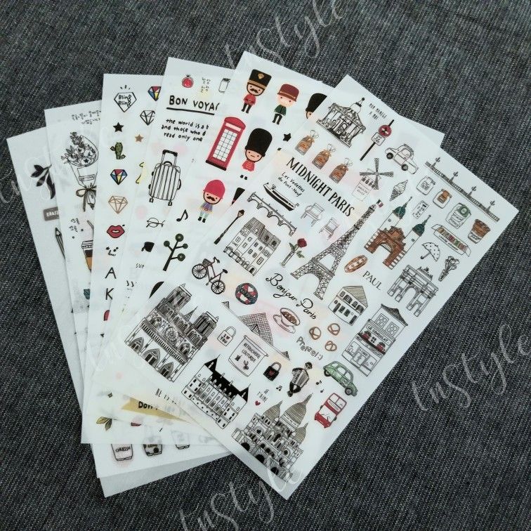 6 Sheets of Transparent Travel Themed Stickers 