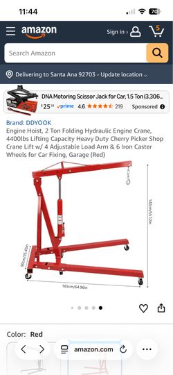Engine Hoist, 2 Ton Folding Hydraulic Engine Crane, 4400lbs Lifting Capacity Heavy Duty Cherry Picker Shop Crane Lift w/ 4 Adjustable Load Arm & 6 Iro