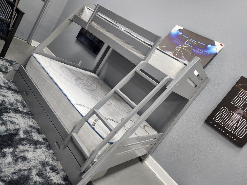 Grey Twin Full Storage Bunk Bed With Mats