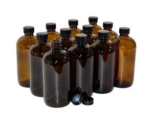 (12 Pack) 16 oz. Amber Boston Round with Black Poly Cone Cap
