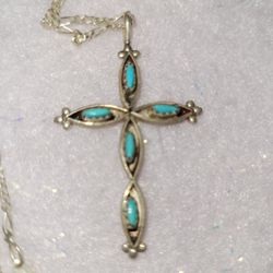 Vintage Sterling Silver Turquoise Cross Necklace