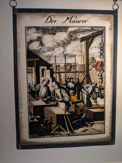Vintage German Painted Glass Panel "Der Maurer" - 7" x 9.25"
