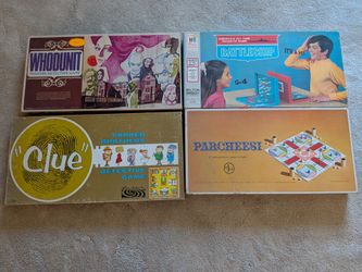 Lot of four vintage board games, 1972 Whodunit, 1963 Clue, 1971 Battleship, 1964 Parcheesi, family fun, game night, retro MCM games