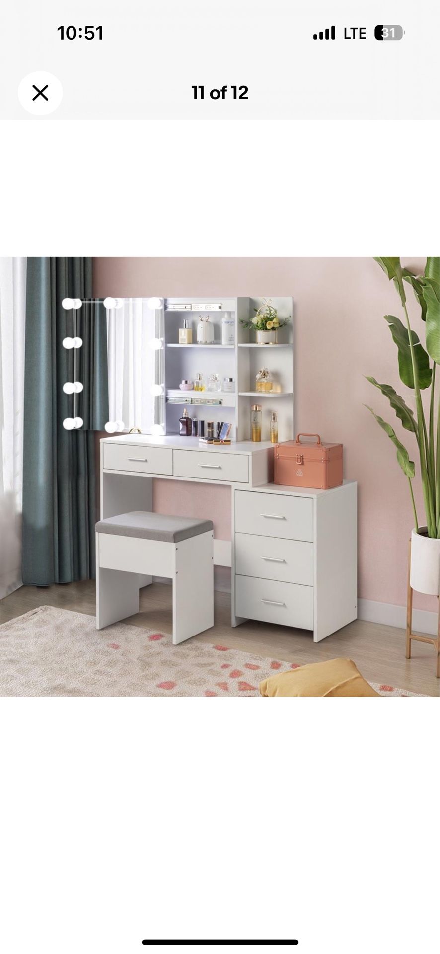 Lighted Slding Mirror Vanity Set with Cabinet and 5 Drawers Makeup Table Desk