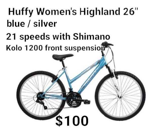 New Huffy Women's Highlands 26" Bike Silver / Blue 21 Speeds Shimano