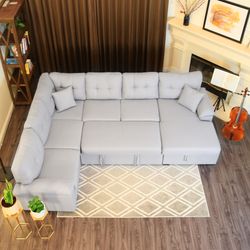 118" 5-Seat Fabric U-Shaped Left Facing Sectional Sleeper Sofa Upholstery with Storage Chaise and Pull Out Sleeper