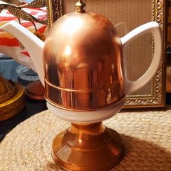 vintage korean porcelain teapot with copper cozy cover