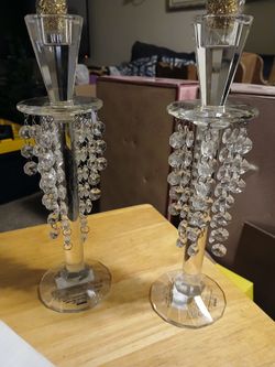      1970s  2  Vintage  age Shannon Barcelona  Collection Lead Crystal  Tapered Candle Holder With Prisms