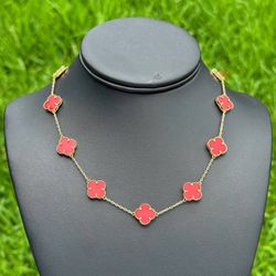 Jewelry 14k solid yellow gold  Van cleef style red color clover shape necklace 18” 1mm