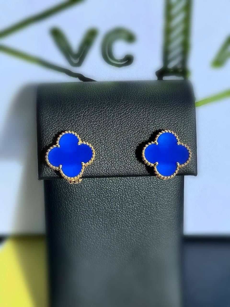 18k yellow gold Van Cleef style Alhambra Blue Agate stone clover clip back earrings