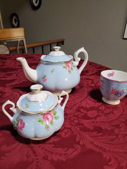 Royal Albert Polka Blue Teapot & Sugar Bowl & Honey Bunny Tea Cup