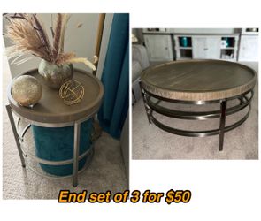 Round Wood and Metal Table Set of 3