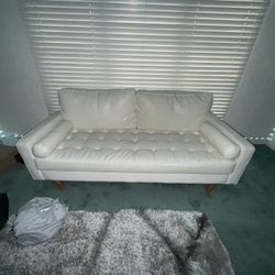 Mid-Century Modern White Faux Leather Sofa – Wood Legs – Tufted Seat