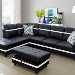Modern Black L-Shaped Sectional Sofa with Ottoman – Faux Leather