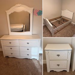 White Full Bedroom Set – Bed, Dresser w/ Mirror, Nightstand – Great Condition